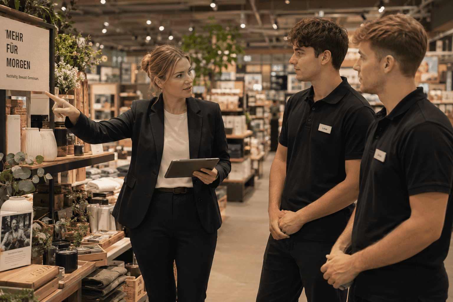 Businesswoman discusses product display with two male store employees in a retail setting.