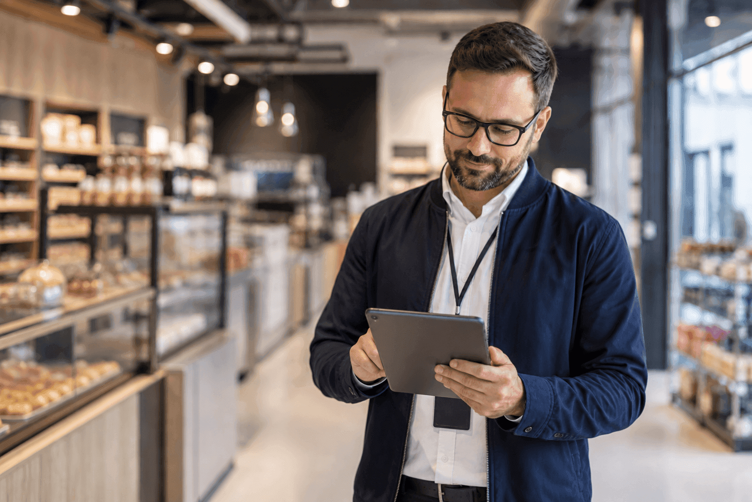 Man in glasses examining a tablet in a modern retail store environment.
