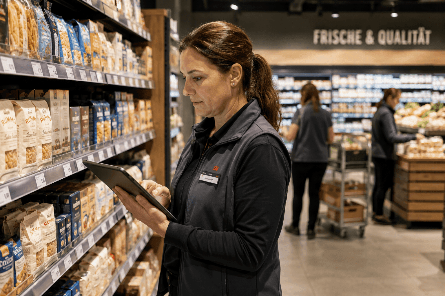 Store employee uses a tablet to manage stock in a well-stocked grocery aisle.