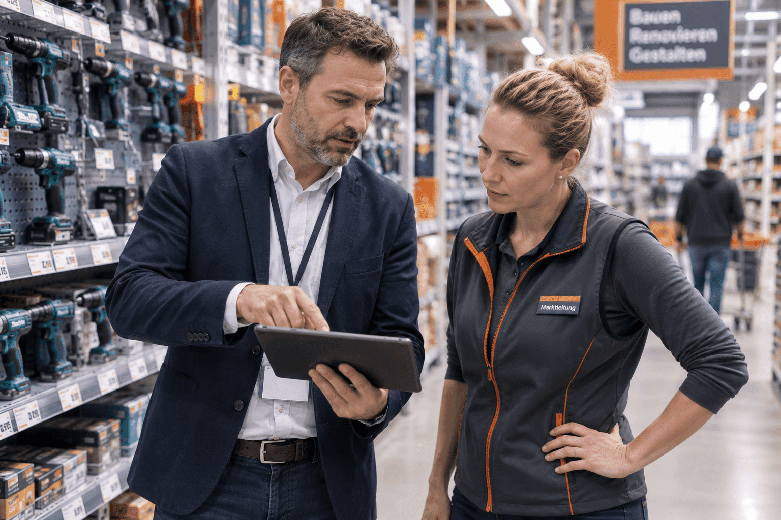 Two colleagues discuss details on a tablet in a hardware store aisle with tools.
